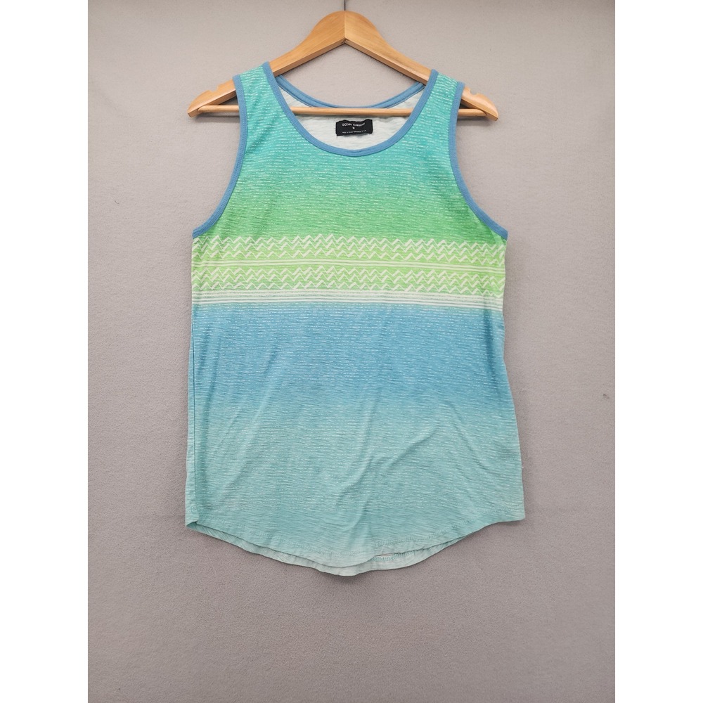 Ocean Current Tank Top Small Blue Green Ombre Slub Knit Geometric Beach Surf